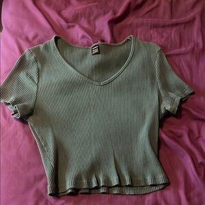 Ribbed V-Neck Green Top